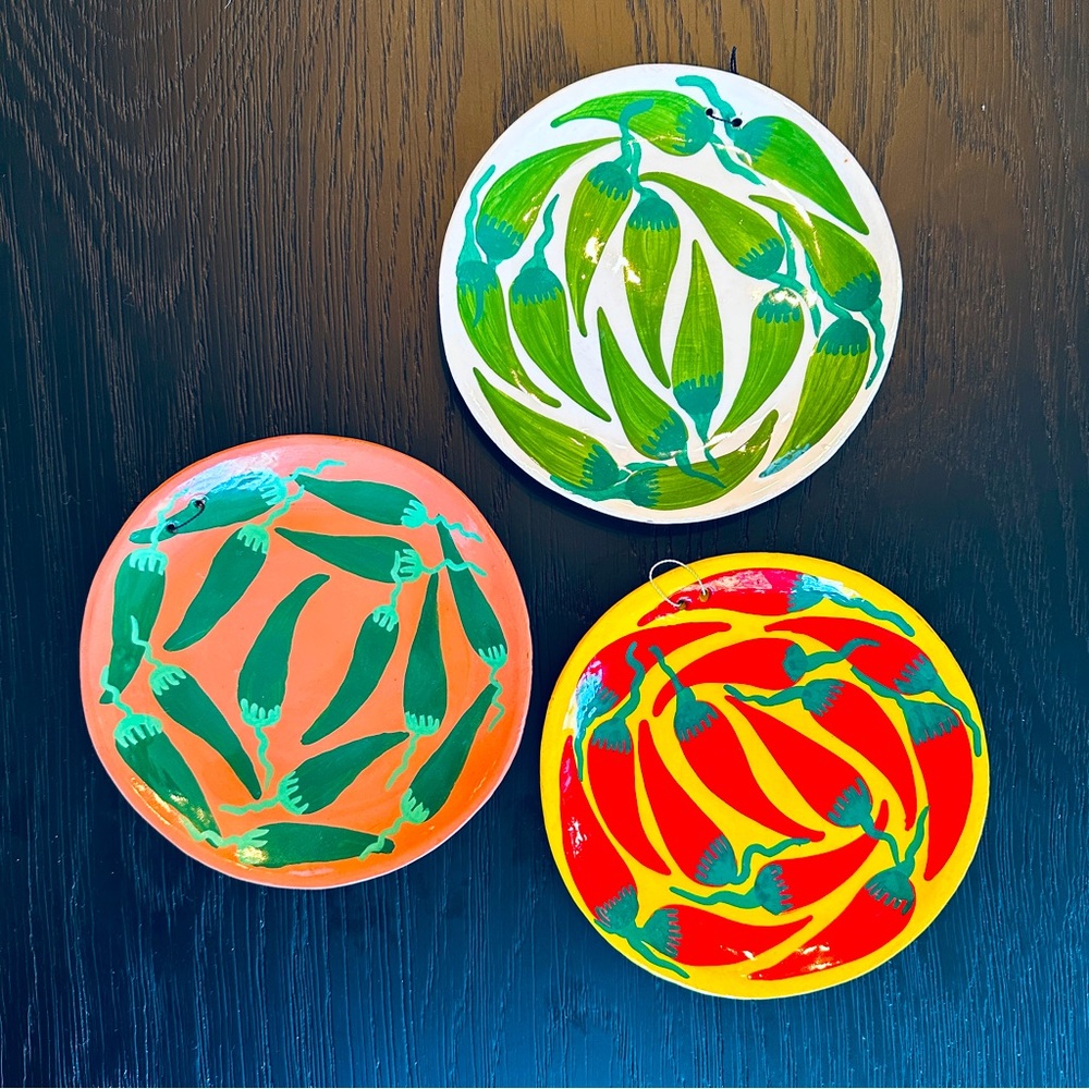 Set of 3 Chili Pepper Hand-painted Plates,‎ Wall Hanging Art from Mexico